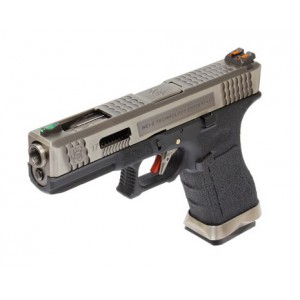 Страйкбольный пистолет WE GLOCK-17 G-Force металл слайд, черная рамка, хромированный слайд, хромированый ствол WE-G001WET-7